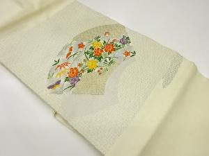 ヱ霞に地紙・花鳥・蝶模様織出し名古屋帯